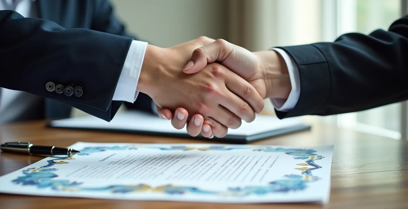 Poignée de mains symbolisant un accord contractuel réussi