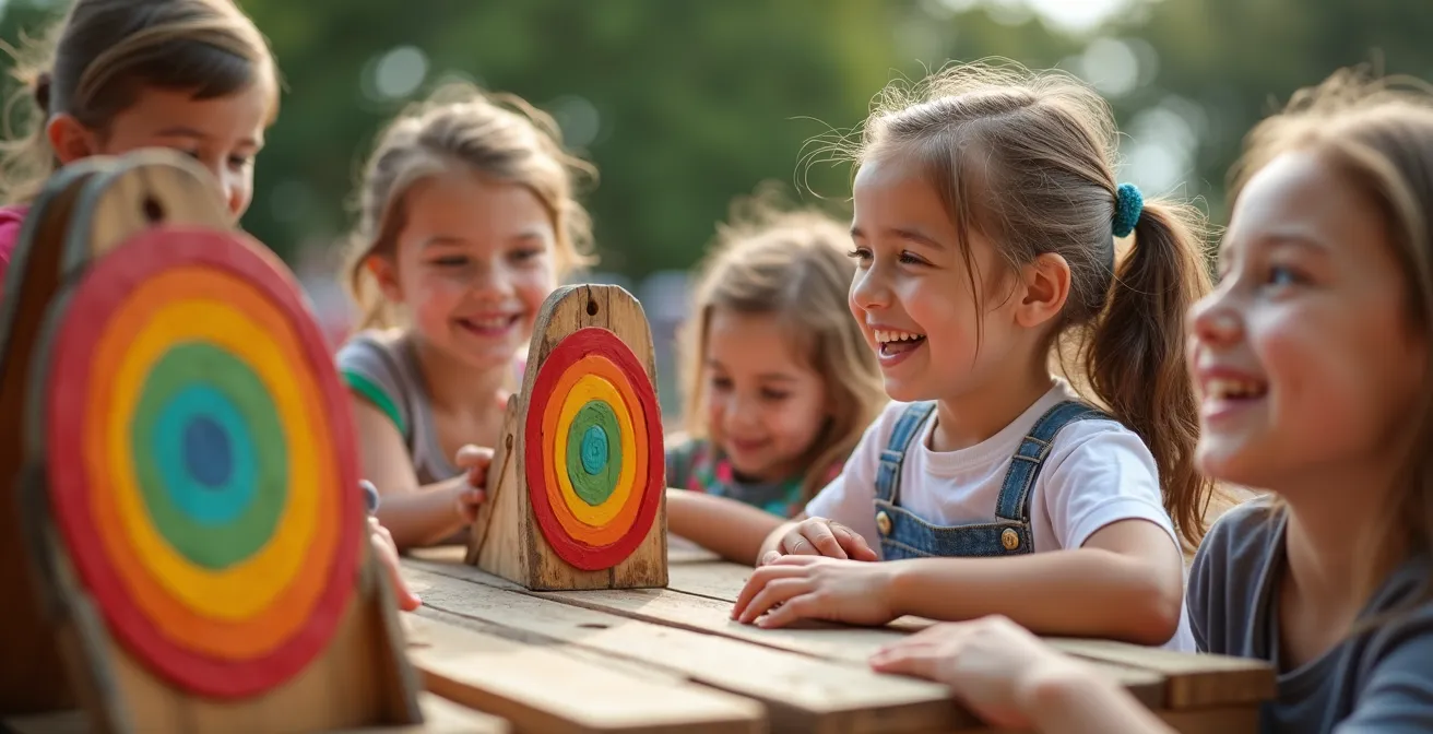 Enfants de différents âges jouant ensemble à des jeux traditionnels en bois