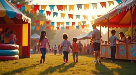 Scène de kermesse avec des familles profitant d'activités ludiques dans une ambiance festive