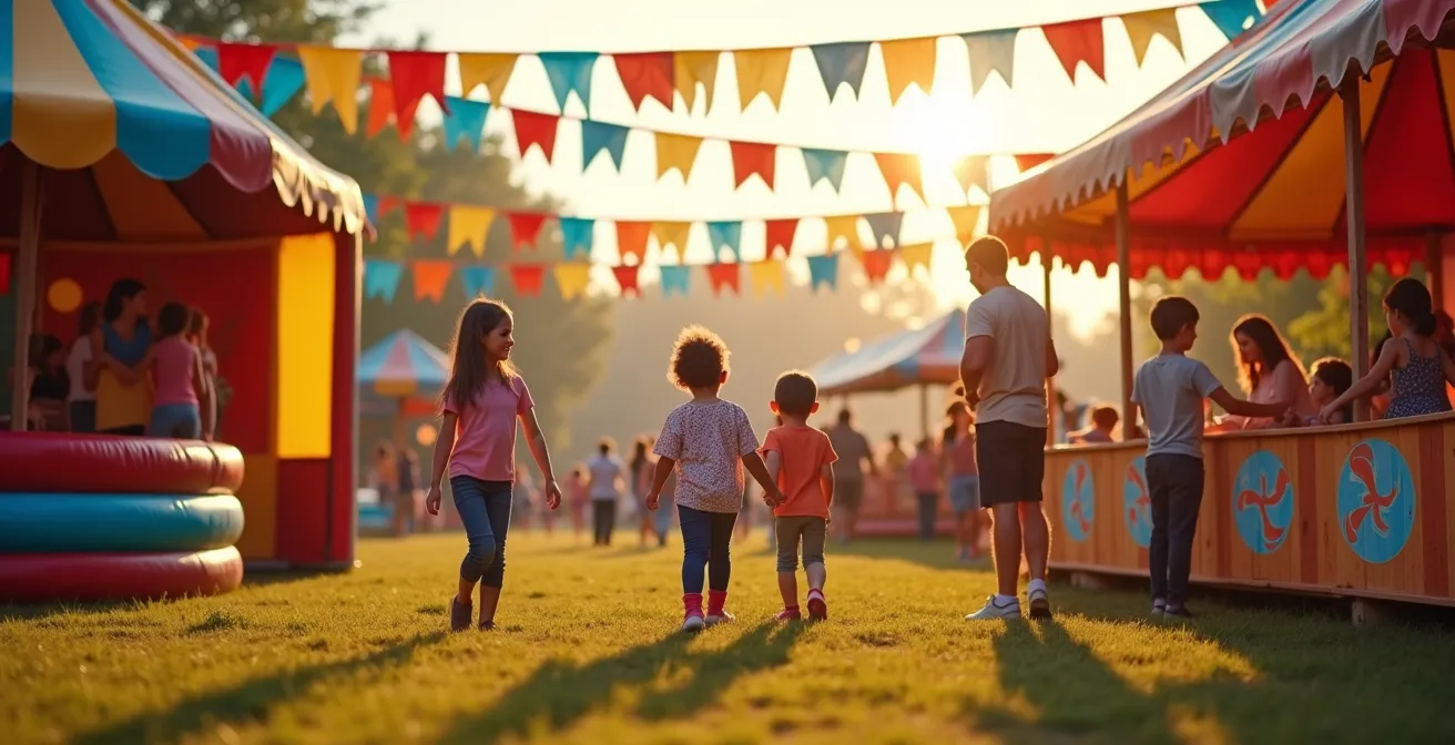 Scène de kermesse avec des familles profitant d'activités ludiques dans une ambiance festive