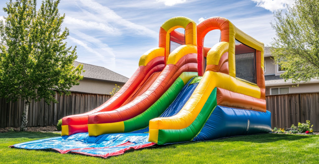 Parent évaluant l'espace disponible dans son jardin avant installation château gonflable