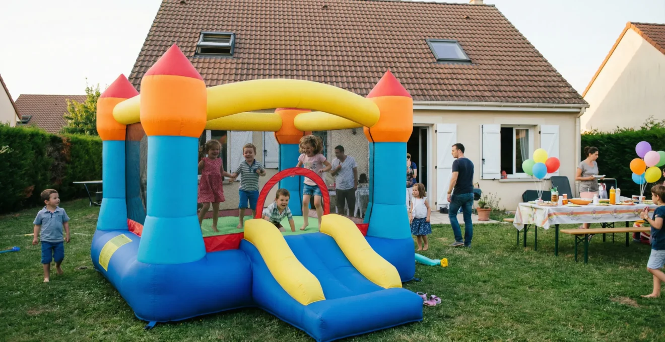 Château gonflable coloré installé dans un jardin avec enfants jouant lors d'une fête