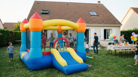 Château gonflable coloré installé dans un jardin avec enfants jouant lors d'une fête