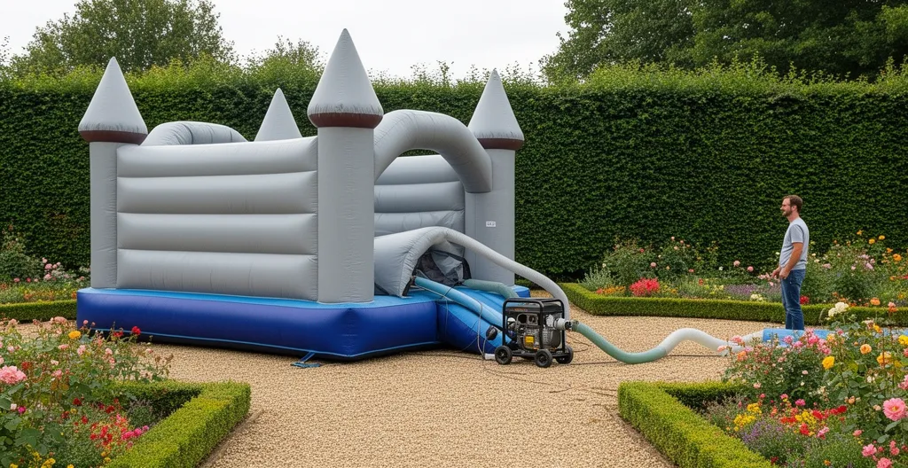 Structure gonflable en cours d'installation avec soufflerie dans un jardin français