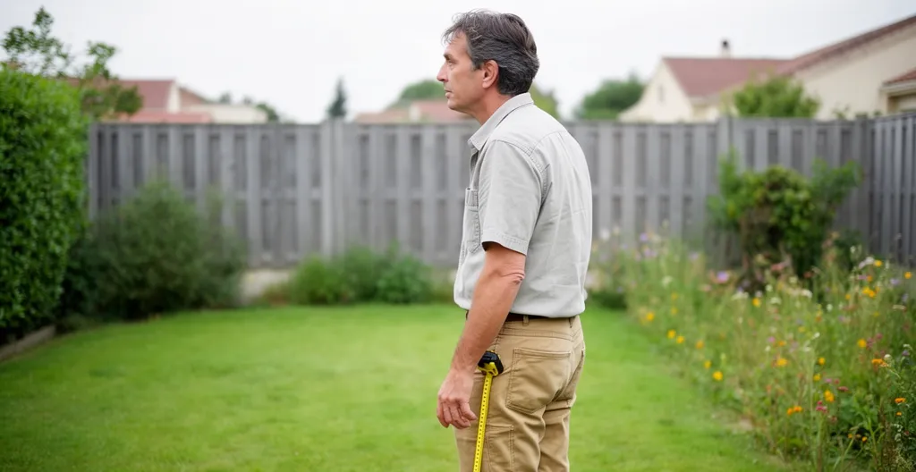 Parent évaluant l'espace disponible dans son jardin avant installation château gonflable