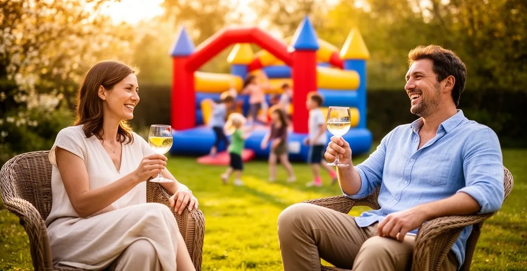 Parents souriants discutant dans un jardin pendant que les enfants jouent sur château gonflable en arrière-plan