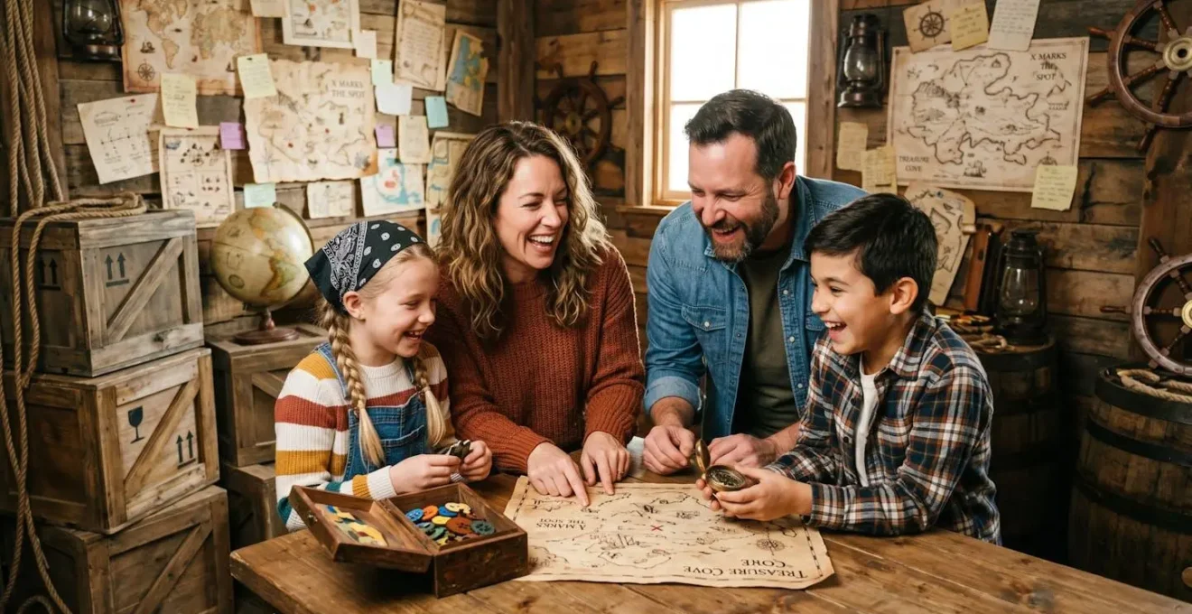 Famille composée de parents et d'enfants collaborant autour d'énigmes dans une salle d'escape game lumineuse et colorée