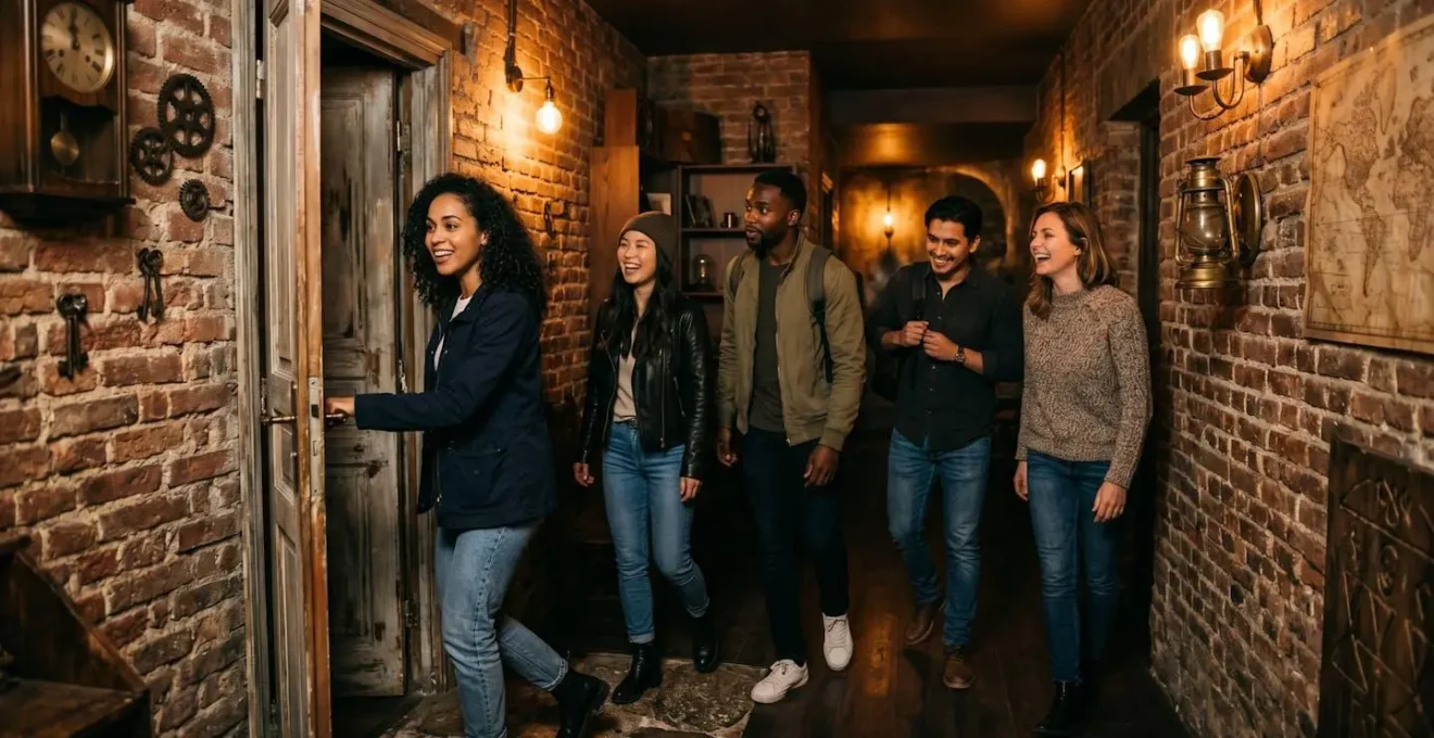 Groupe d'amis enthousiastes franchissant la porte d'une salle d'escape game à Paris, atmosphère tamisée et décors immersifs