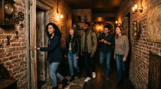 Groupe d'amis enthousiastes franchissant la porte d'une salle d'escape game à Paris, atmosphère tamisée et décors immersifs