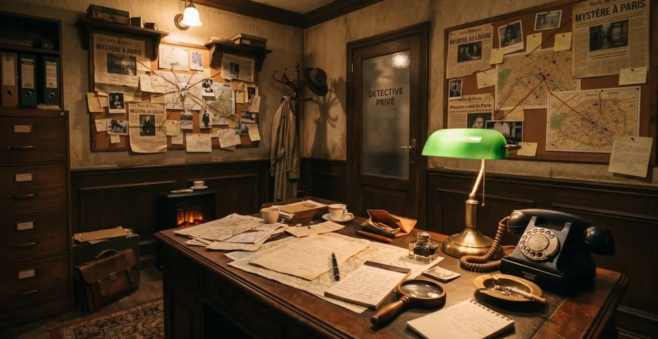 Intérieur d'une salle d'escape game sur le thème de l'enquête criminelle, avec indices éparpillés et ambiance tamisée